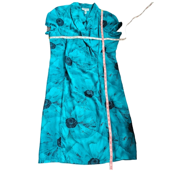 Equipage floral blue-green & black silk midi dress faux wrap drop sleeve size 12 - Picture 13 of 14